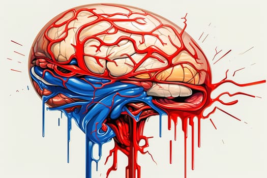 Layout of brain with blood vessels. Concept of stroke. High quality illustration