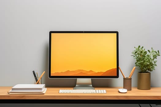 Desktop computer and office supplies on the desktop. High quality photo