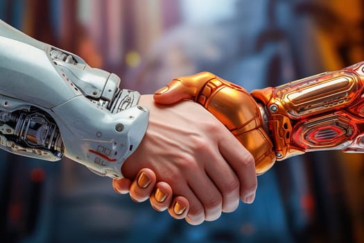 Robot handshake. The concept of trust in artificial intelligence. High quality illustration