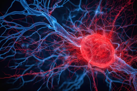 Illustration of neurons, blood vessels, tumor in red and blue colors. High quality illustration