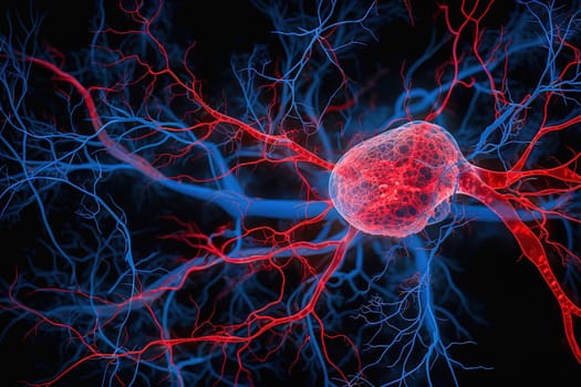 Illustration of neurons, blood vessels, tumor in red and blue colors. High quality illustration