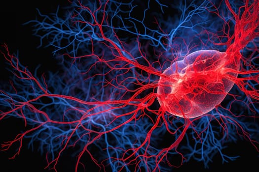 Illustration of neurons, blood vessels, tumor in red and blue colors. High quality illustration