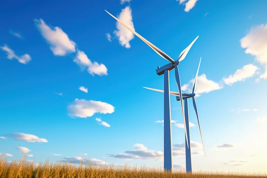 Wind turbines on the background of blue sky. Green energy concept. High quality photo