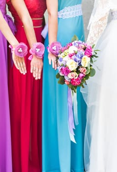 Close up of bride and bridesmaids bouquet.