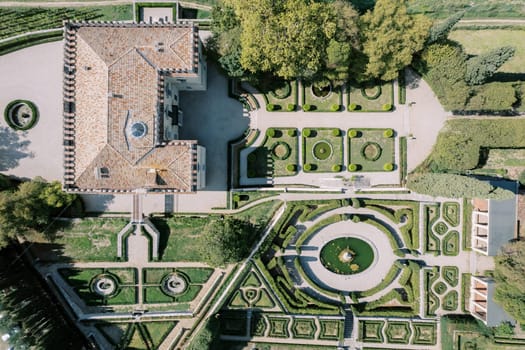 Pozega garden with rectangular bushes and fountains near Villa Rizzardi. Valpolicella, Italy. Top view. High quality photo