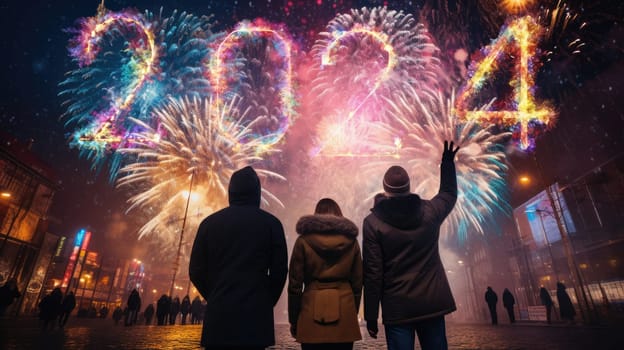 Firework explosion in the night sky celebrating happy new year 2024 . National firework shooting in the beautiful sky for a new year day of year 2024 .