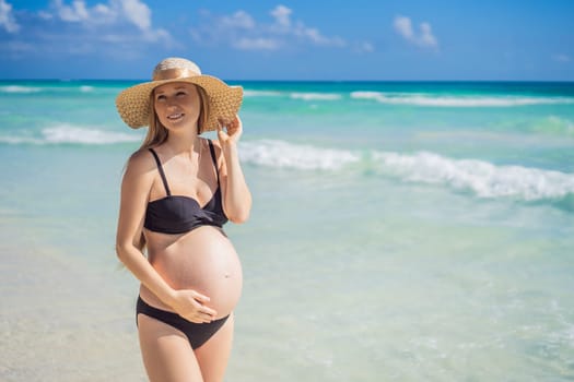 Radiant and expecting, a pregnant woman stands on a pristine snow-white tropical beach, celebrating the miracle of life against a backdrop of natural beauty.