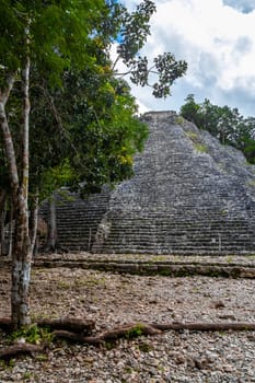 Coba Maya Ruins the ancient building and pyramid Nohoch Mul in the tropical forest jungle in Coba Municipality Tulum Quintana Roo Mexico.