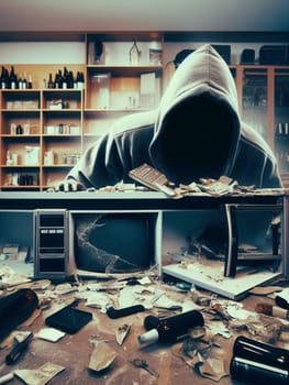 criminal looter rob vandalize retail shop , steal merchandise. graffiti activism paint and break all. High quality photo genertive ai art