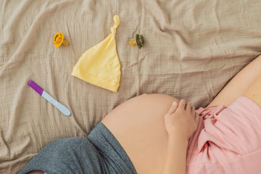 A composition of essential pregnancy attributes: a positive pregnancy test, ultrasound image, tiny pacifier, and a soft baby's cap, embodying the journey to motherhood.