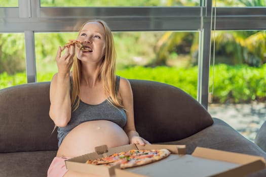 A pregnant woman enjoys a slice of pizza, savoring a moment of indulgence while satisfying her craving for a delightful, comforting treat. Excited Pregnant Young Lady Enjoying Pizza Holding Biting Tasty Slice Posing With Carton Box. Junk Food Lover Eating Italian Pizza. Unhealthy Nutrition Cheat Meal.