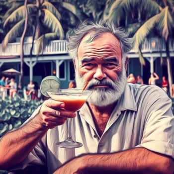 portrait of famous writer spy illustration drinking his cocktail in key west, florida generative ai art