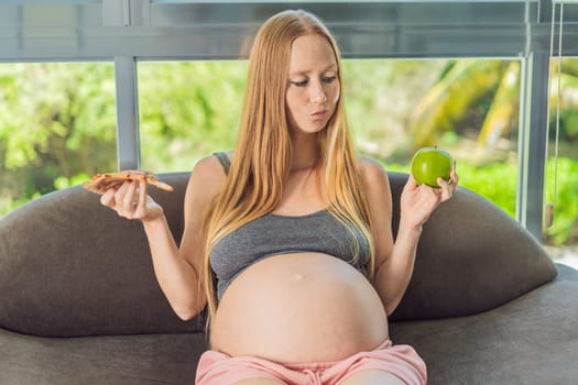 A pregnant woman faces a choice between nourishing, wholesome food and tempting fast food, highlighting the importance of healthy dietary decisions during pregnancy.