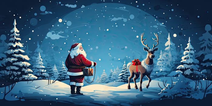 Santa Claus gifts in winter December christmas holiday santa claus sleigh The reindeer night is cold at night by Generative AI.