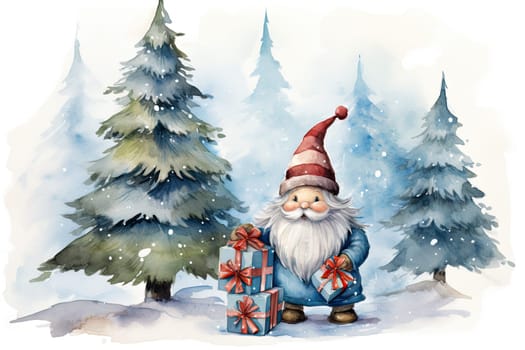 Adorable watercolor gnomes gather around the Christmas tree, exchanging gift in the cool Arctic atmosphere. Full color, textured knitted illustrations, suitable for nursery art by Generative AI.