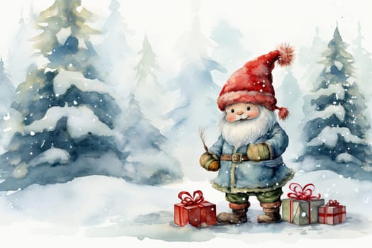 Adorable watercolor gnomes gather around the Christmas tree, exchanging gift in the cool Arctic atmosphere. Full color, textured knitted illustrations, suitable for nursery art by Generative AI.