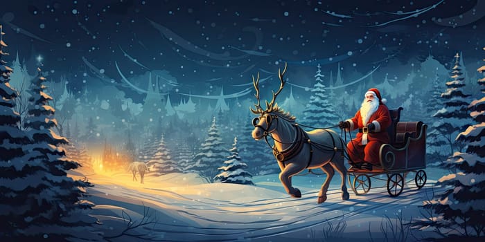 Santa Claus gifts in winter December christmas holiday santa claus sleigh The reindeer night is cold at night by Generative AI.