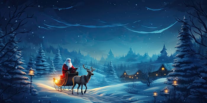 Santa Claus gifts in winter December christmas holiday santa claus sleigh The reindeer night is cold at night by Generative AI.