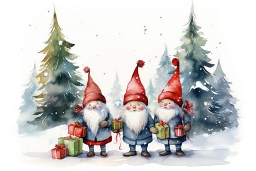 Adorable watercolor gnomes gather around the Christmas tree, exchanging gift in the cool Arctic atmosphere. Full color, textured knitted illustrations, suitable for nursery art by Generative AI.