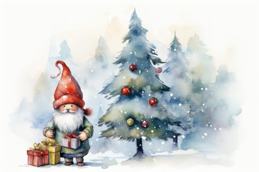 Adorable watercolor gnomes gather around the Christmas tree, exchanging gift in the cool Arctic atmosphere. Full color, textured knitted illustrations, suitable for nursery art by Generative AI.