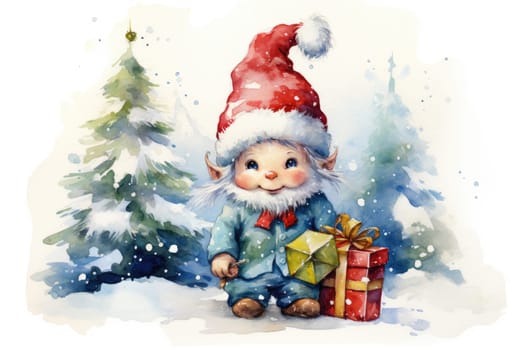 Adorable watercolor gnomes gather around the Christmas tree, exchanging gift in the cool Arctic atmosphere. Full color, textured knitted illustrations, suitable for nursery art by Generative AI.