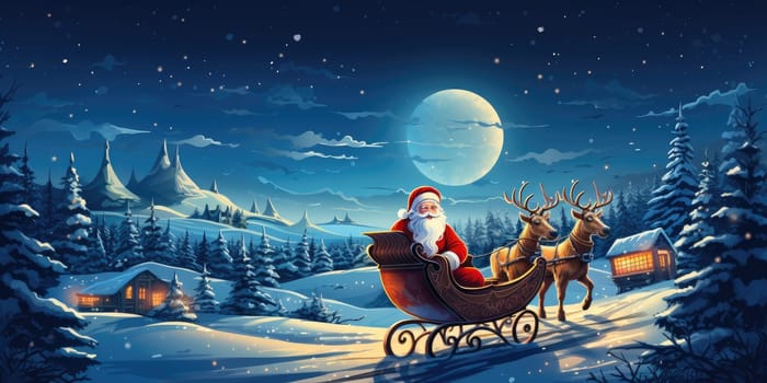 Santa Claus gifts in winter December christmas holiday santa claus sleigh The reindeer night is cold at night by Generative AI.