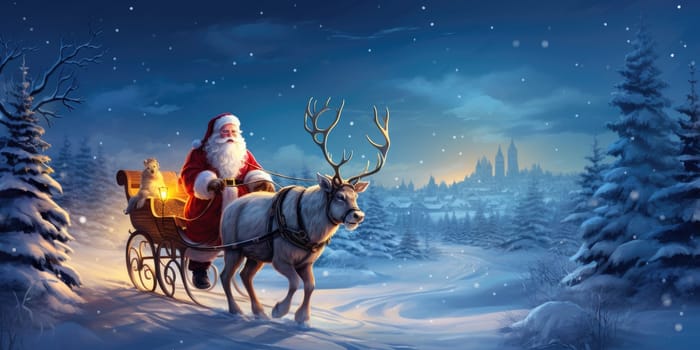 Santa Claus gifts in winter December christmas holiday santa claus sleigh The reindeer night is cold at night by Generative AI.