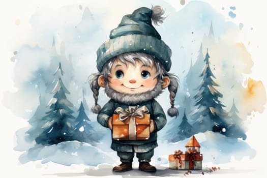 Adorable watercolor gnomes gather around the Christmas tree, exchanging gift in the cool Arctic atmosphere. Full color, textured knitted illustrations, suitable for nursery art by Generative AI.