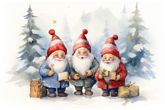 Adorable watercolor gnomes gather around the Christmas tree, exchanging gift in the cool Arctic atmosphere. Full color, textured knitted illustrations, suitable for nursery art by Generative AI.