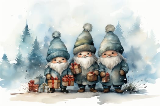 Adorable watercolor gnomes gather around the Christmas tree, exchanging gift in the cool Arctic atmosphere. Full color, textured knitted illustrations, suitable for nursery art by Generative AI.