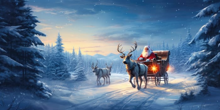 Santa Claus gifts in winter December christmas holiday santa claus sleigh The reindeer night is cold at night by Generative AI.