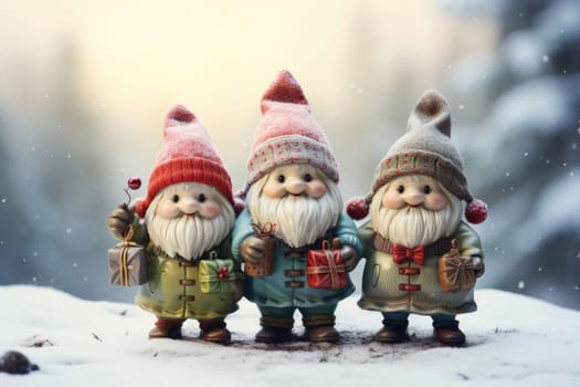 Adorable watercolor gnomes gather around the Christmas tree, exchanging gift in the cool Arctic atmosphere. Full color, textured knitted illustrations, suitable for nursery art by Generative AI.