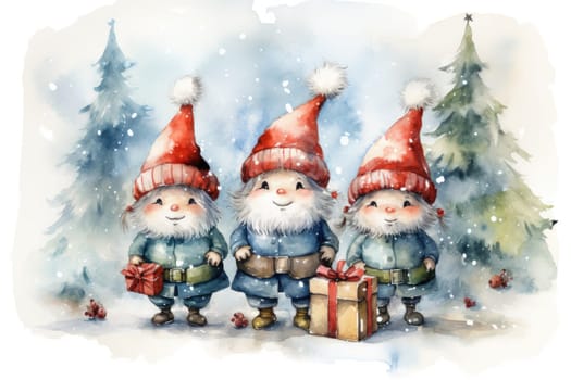 Adorable watercolor gnomes gather around the Christmas tree, exchanging gift in the cool Arctic atmosphere. Full color, textured knitted illustrations, suitable for nursery art by Generative AI.