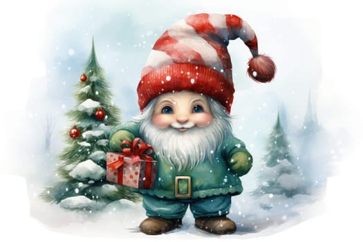 Adorable watercolor gnomes gather around the Christmas tree, exchanging gift in the cool Arctic atmosphere. Full color, textured knitted illustrations, suitable for nursery art by Generative AI.