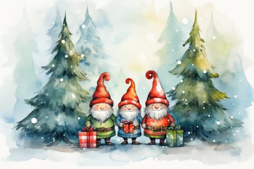 Adorable watercolor gnomes gather around the Christmas tree, exchanging gift in the cool Arctic atmosphere. Full color, textured knitted illustrations, suitable for nursery art by Generative AI.