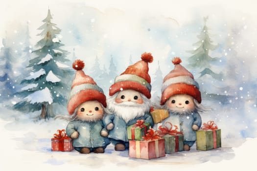 Adorable watercolor gnomes gather around the Christmas tree, exchanging gift in the cool Arctic atmosphere. Full color, textured knitted illustrations, suitable for nursery art by Generative AI.