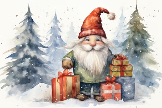 Adorable watercolor gnomes gather around the Christmas tree, exchanging gift in the cool Arctic atmosphere. Full color, textured knitted illustrations, suitable for nursery art by Generative AI.