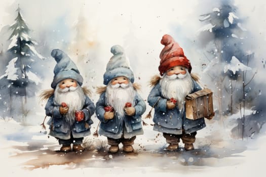 Adorable watercolor gnomes gather around the Christmas tree, exchanging gift in the cool Arctic atmosphere. Full color, textured knitted illustrations, suitable for nursery art by Generative AI.