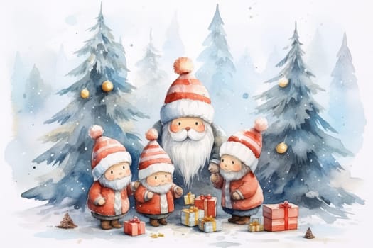 Adorable watercolor gnomes gather around the Christmas tree, exchanging gift in the cool Arctic atmosphere. Full color, textured knitted illustrations, suitable for nursery art by Generative AI.