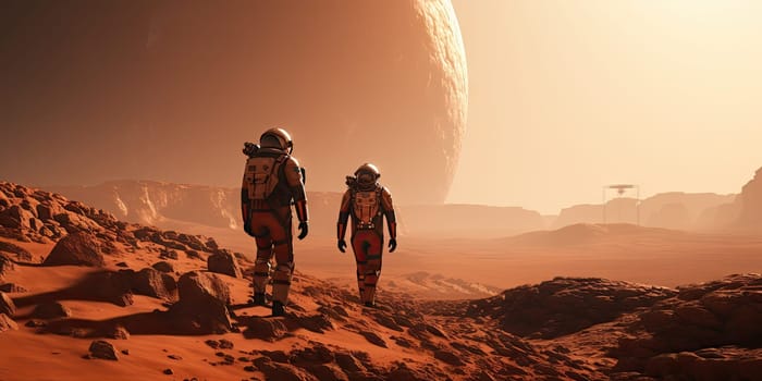 Astronauts in futuristic space suits are exploring the surface of Mars in order to live on Mars in the future by Generative AI.