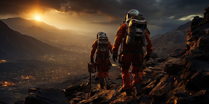 Astronauts in futuristic space suits are exploring the surface of Mars in order to live on Mars in the future by Generative AI.