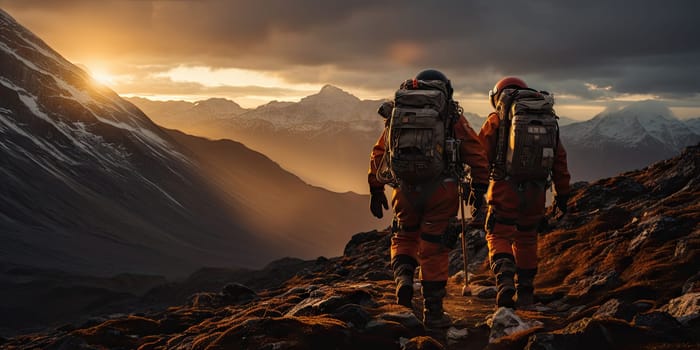 Astronauts in futuristic space suits are exploring the surface of Mars in order to live on Mars in the future by Generative AI.