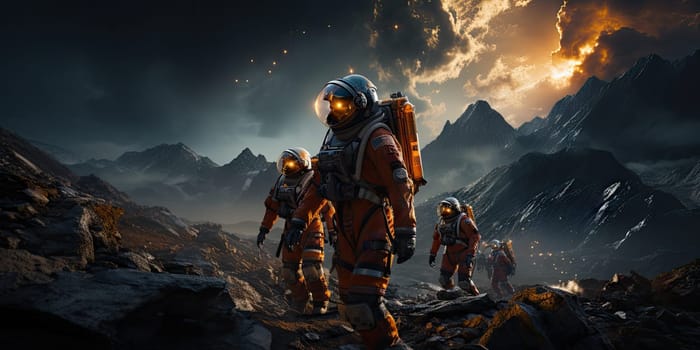 Astronauts in futuristic space suits are exploring the surface of Mars in order to live on Mars in the future by Generative AI.