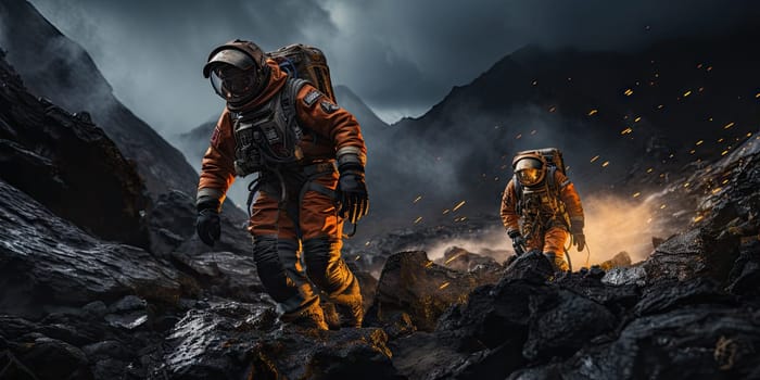 Astronauts in futuristic space suits are exploring the surface of Mars in order to live on Mars in the future by Generative AI.