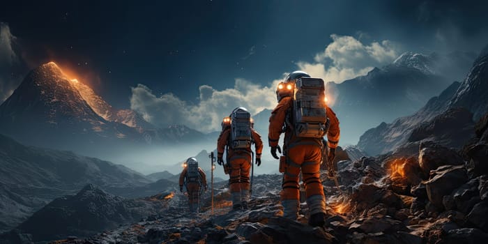 Astronauts in futuristic space suits are exploring the surface of Mars in order to live on Mars in the future by Generative AI.