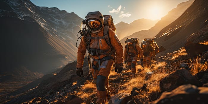 Astronauts in futuristic space suits are exploring the surface of Mars in order to live on Mars in the future by Generative AI.