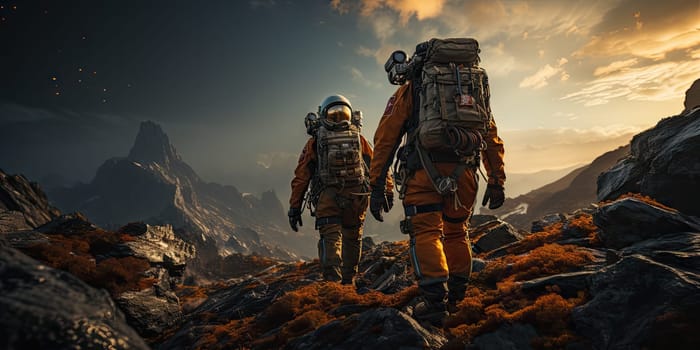 Astronauts in futuristic space suits are exploring the surface of Mars in order to live on Mars in the future by Generative AI.