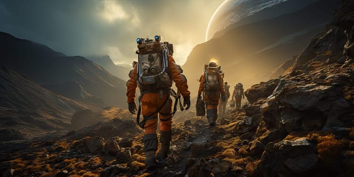 Astronauts in futuristic space suits are exploring the surface of Mars in order to live on Mars in the future by Generative AI.