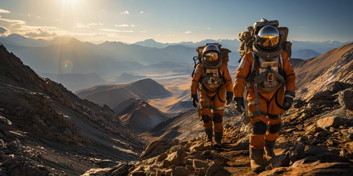 Astronauts in futuristic space suits are exploring the surface of Mars in order to live on Mars in the future by Generative AI.