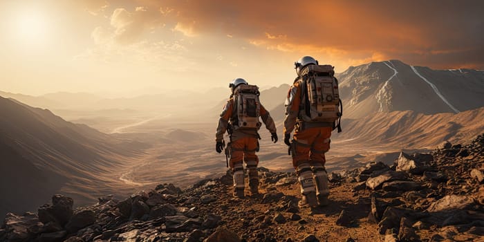 Astronauts in futuristic space suits are exploring the surface of Mars in order to live on Mars in the future by Generative AI.